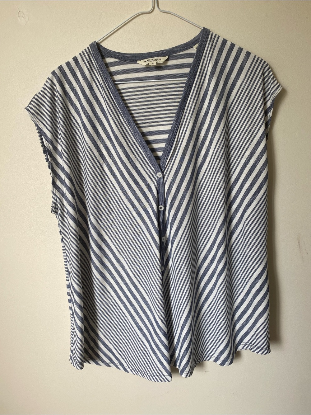 Max Studio Blue & White Striped Button-Front V-Neck Top
